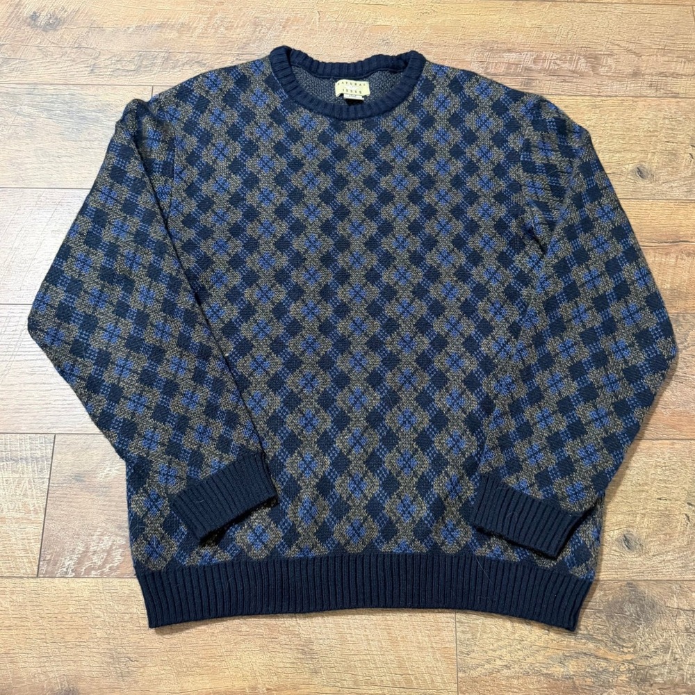 Natural Issue Mens Argyle Crewneck Sweater‎ Navy Blue Grey Diamond Knit Large